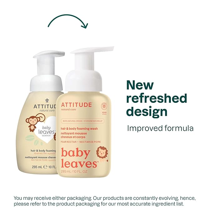 ATTITUDE 2-in-1 Hair and Body Foaming Wash for Baby, EWG Verified, Dermatologically Tested, Made with Naturally Derived Ingredients, Vegan, Pear Nectar, 10 Fl Oz (Pack of 3)