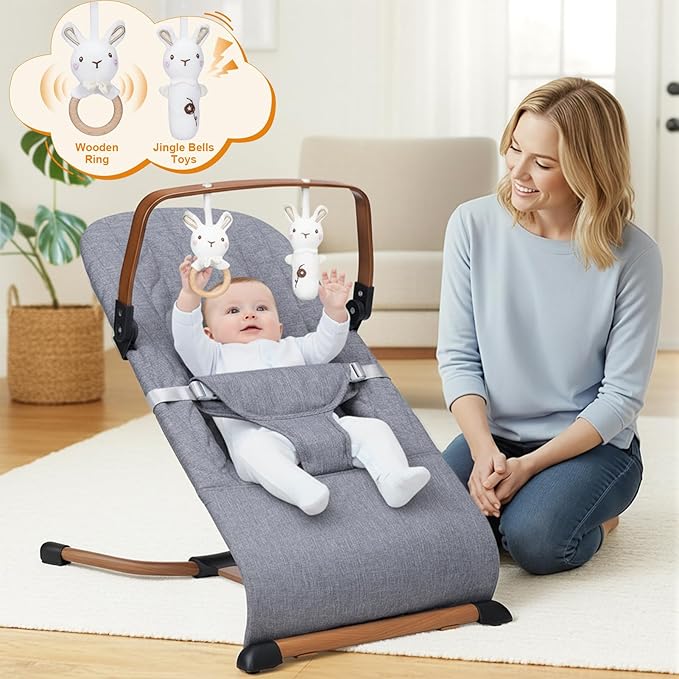 Portable Baby Bouncer, Bouncer Seat for Babies 0-12 Months, 3 Recline Positions, Foldable Baby Rocker Chair with Removable Wooden Bar, Gray