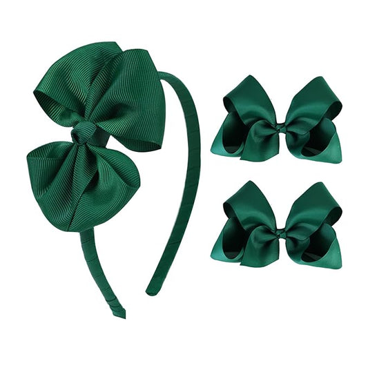 Bow Headband & 2 Pcs 4 Inch Hair Bows Set, Black School Hair Accessories for Little Toddler School Girls (Green)
