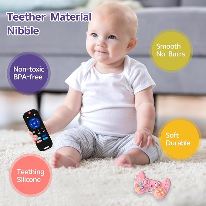 2 Pack Silicone Teethers for Babies 6-12 Months, Teething Toys for Babies 0-6 Months, Remote Teether for Baby, Sensory Toys for Baby,Toddler Infant Girl Boy Gifts
