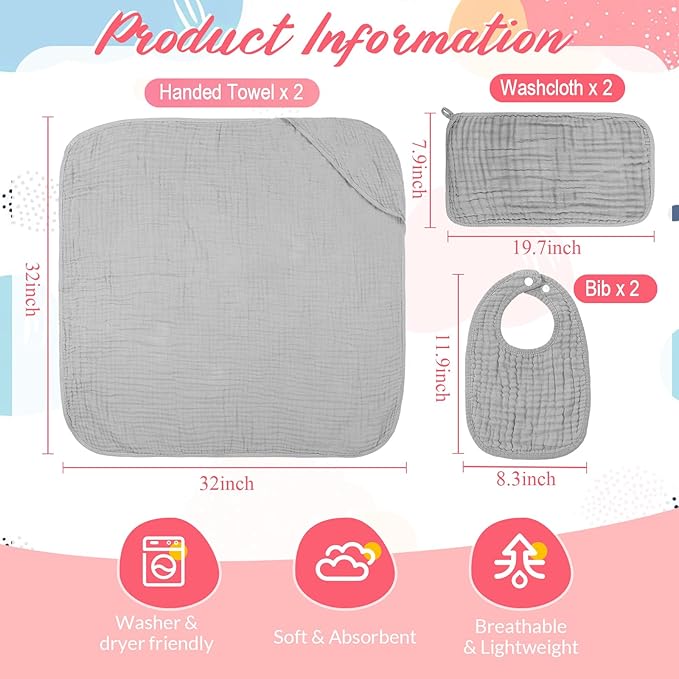 Hahafelt 6 Pcs Muslin Hooded Bath Towels Washcloths and Bibs Set, Muslin Cotton Baby Towels Absorbent Hooded Blanket Towel Infant Bibs for Boys Girls Newborn Infant Essential(White, Light Gray)