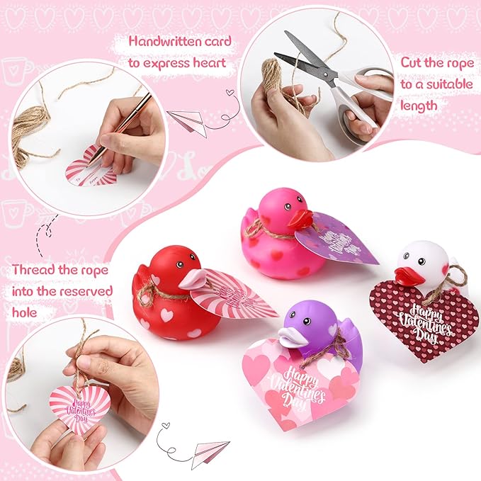 Jerify 72 Pcs 2 Inch Valentines Rubber Ducks Bulk with Gift Cards Mini Heart Rubber Duckies Bath Toys Valentine's Day Gift for Kids Classroom Favors Prizes Exchange (Colorful)