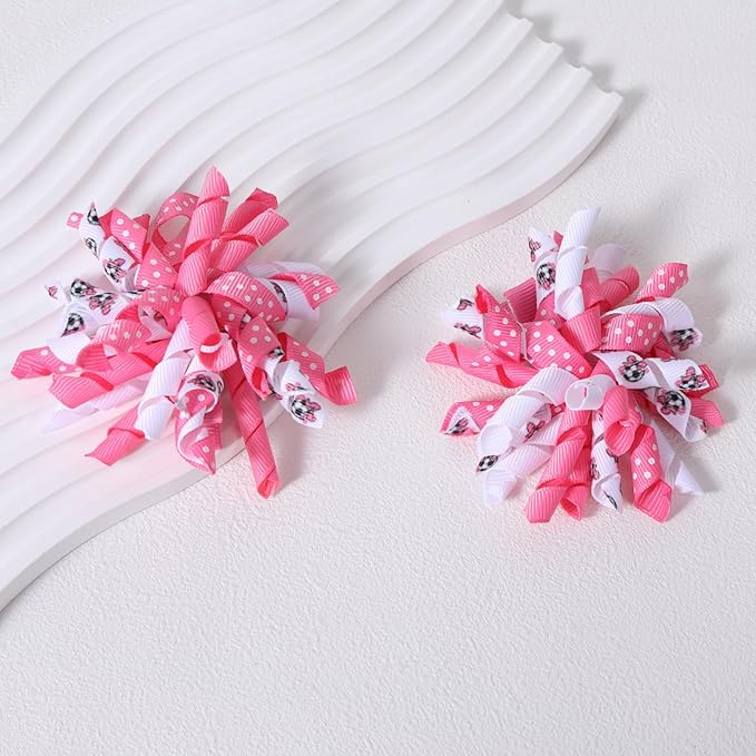 Soccer Korker Cheer Bows Hair Clips Girls 4pc Cute Pink & White Football Sport Curly Corker Ribbon Alligator Barrettes Game Day Accessories Soccer Moms Kids Player Birthday Gift