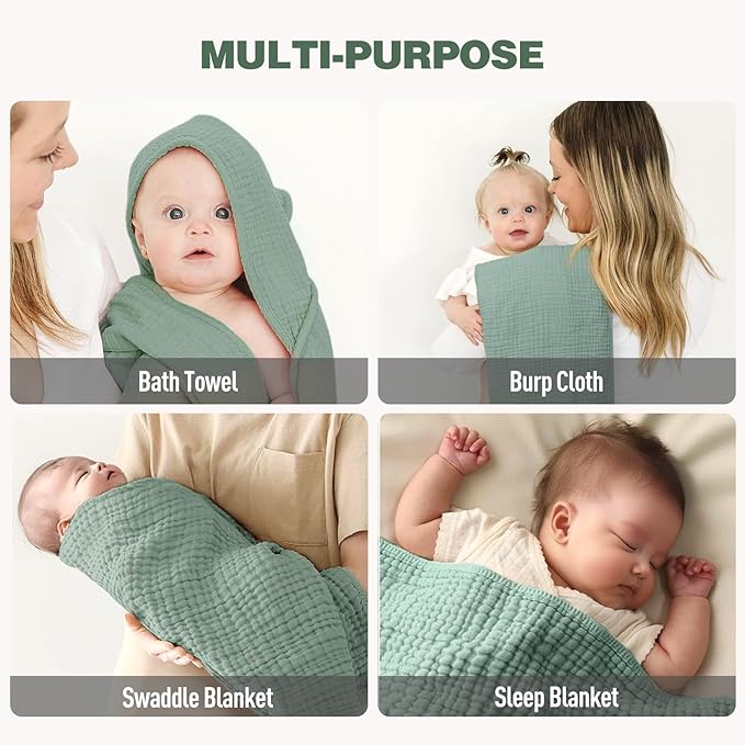 Cinaci 1pc Soft & Absorbent 100% Muslin Cotton Baby Hooded Bath Towel for Baby Girls Boys Newborns Infants Toddlers Kids (Green)