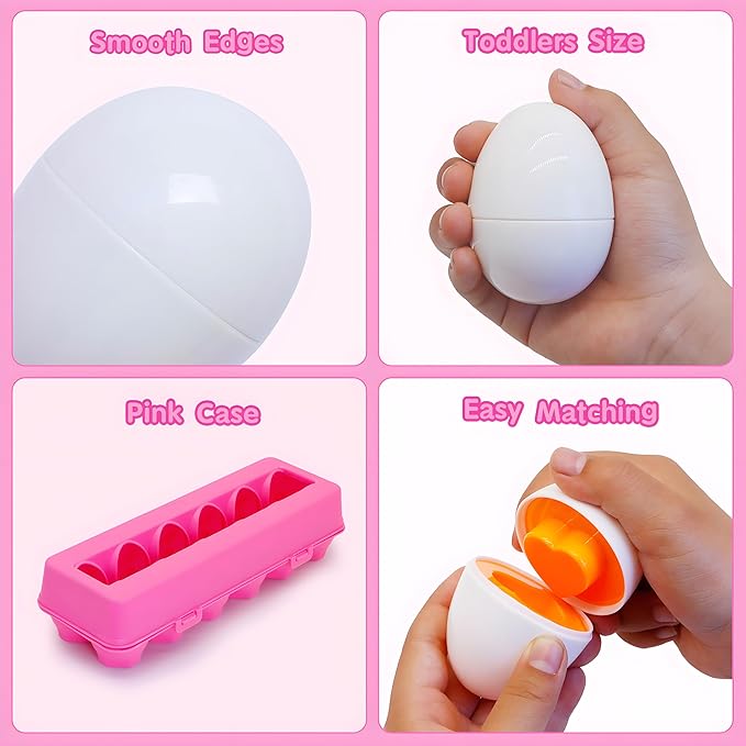 MOONTOY Montessori Matching Egg, 12PCS Color & Shape Recognition Toy for Toddler 1-3, Educational Learning Eggs Toy with Pink Storage Case, Easter Eggs Basket Stuffers Gift for 1 2 3 Year Old Girl Kid