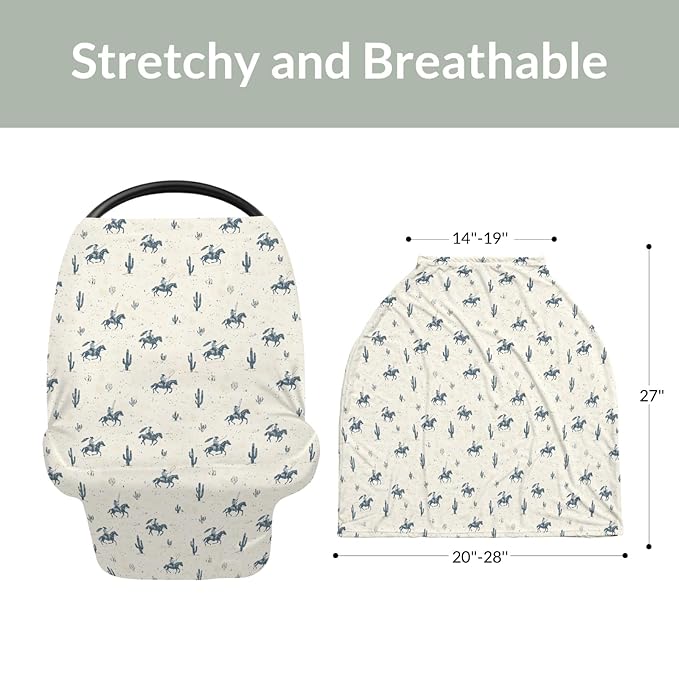 Vintage Western Cowboy Car Seat Covers for Babies Retro Cowboy Horse Cactus Stretchy 5-in-1 Cover Adjustable Car Canopy Cover Wild Desert Country Breathable Nursing Cover-Up
