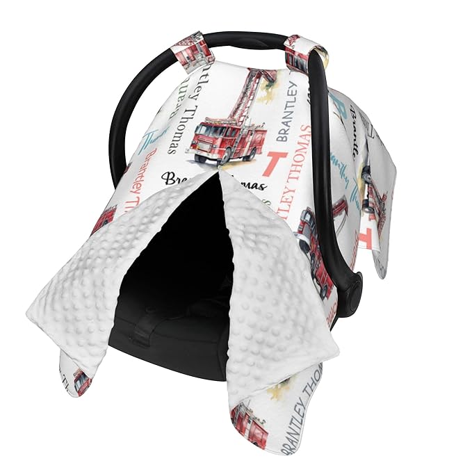 Custom Baby Car Seat Canopy Personalized Car Seat Covers with Name for Baby Boys Girls Customized Fire Truck Nursing Breastfeeding Cover Infant Carseat Canopies Newborn Minky Baby Blanket