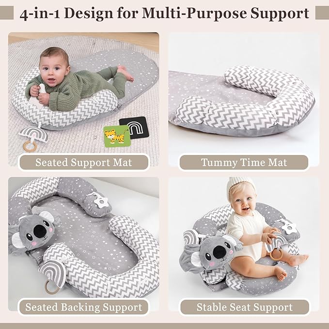 4 in 1 Tummy Time Mat with Educational Cards, Play Mat & Sitting Support for Newborn 0-12 Months, Infant Baby Sit Me Up Floor Seat, Sensory Skills Gifts, Koala