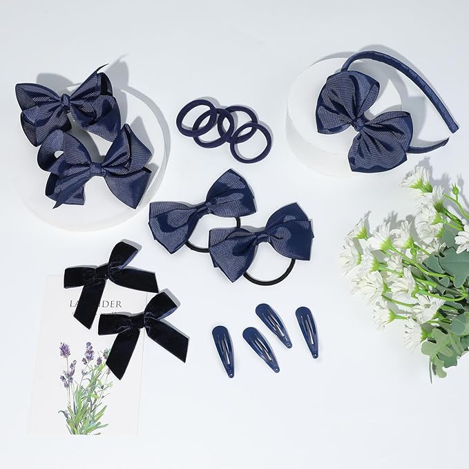 DEEKA Navy Blue Hair Accessories Set - 15 Pieces Uniform Hair Bows, Hair Clips, Headband, Hair Ties for Little Girls - Navy Blue