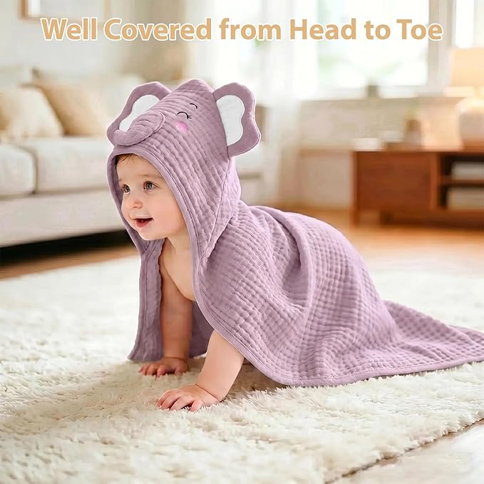 4 PCS Muslin Baby Bath Towels Set, 100% Cotton 2 PCS Animal Hooded Baby Towels 32x32 Inch & 2 PCS Washcloths, Ultra Absorbent & Soft Infant Newborn Essentials Gifts for Boys & Girls, Elephant & Deer