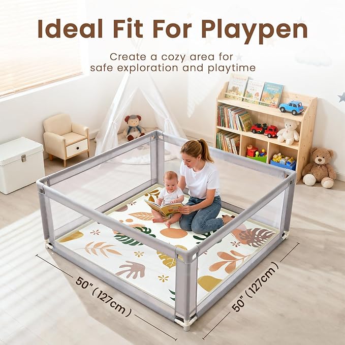 50"×50" Baby Play Mat for Floor & Playpen, 1.2" Thick High-Density Foam Nursery Mat for Tummy Time, Soft Plush Carpet with Non-Slip Bottom for Infant Toddler Baby Crawling & Playing (Boho)