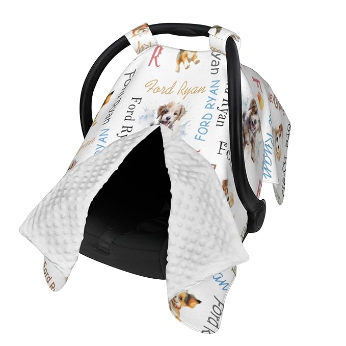 Custom Baby Car Seat Canopy Personalized Car Seat Covers with Name for Baby Boys Girls Customized Dog Nursing Breastfeeding Cover Infant Carseat Canopies Newborn Minky Baby Blanket
