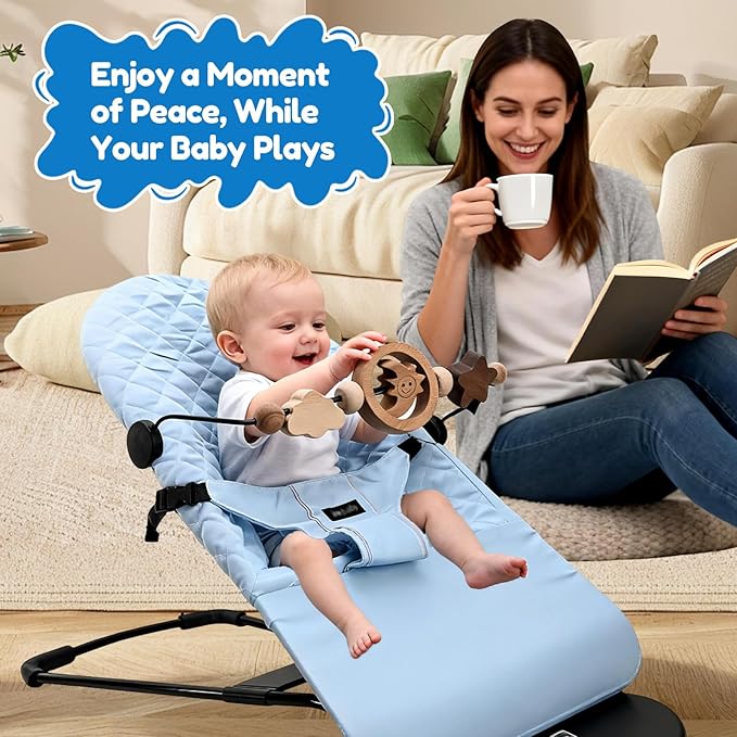 Natural Wooden Activity Toy Bar for Baby Bjorn Bouncer, 360° Rotating Smiling Moon Hanging Toys for Infant Car Seat & Stroller, Sensory Development Toy 0-12 Months