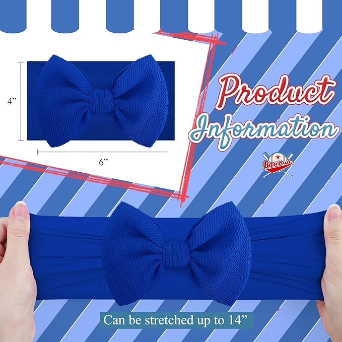 6'' Large Baseball Baby Girl Bows High Stretchy Soft Nylon Headbands for Girl Handmade Hairbands with Bows Hair Accessories for Infant Newborn Blue