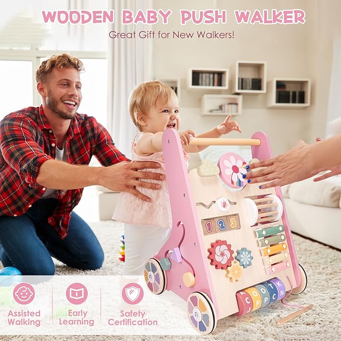 Wooden Baby Walker with Wheels, Adjustable Speed Baby Push Walker, Montessori Walking Toys for Girls Boys, Push and Pull Learning with Baby Activity Center, Christmas Birthday Gifts for Toddler