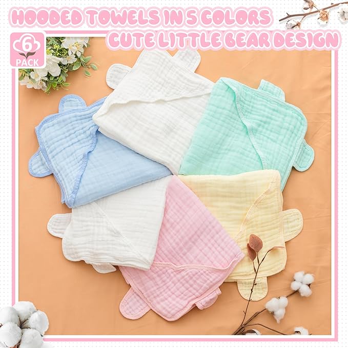 Preboun 6 Pcs Muslin Baby Hooded Towels Cotton Absorbent 6 Layers Cute Bath Toddler Towels for Newborn Kids Girl Infant Boys Toddler Shower Gift Supplies (Multicolor)