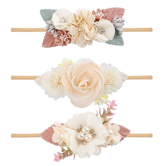 cherrboll 3pcs Baby Girl Flower Headbands, Super Soft & Stretchy Nylon Floral Hairbands for Newborn Toddler