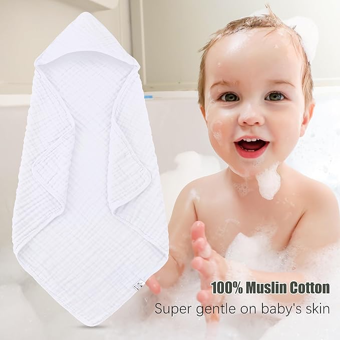 Spotted Play 2 Pack Hooded Baby Towels - 100% Muslin Cotton for Newborns, Infants, Toddlers - Large 32x32Inch Size - Highly Absorbent and Essential for Newborn Care, White and Grey