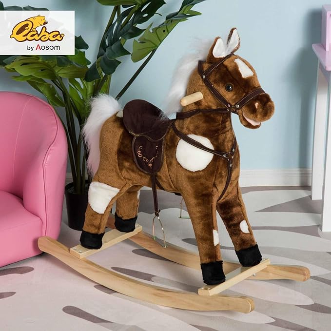 Qaba Kids Metal Plush Ride-On Rocking Horse Chair Toy with Nursery Rhyme Music - Dark Brown