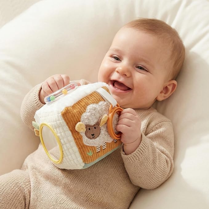 let's make Baby Activity Cube, Farm Soft Block Sensory Toys 6-12 Months with Rattle, 3D Corduroy, Mirror & Travel Clip - Tummy Time Toy Boy Girl Gifts