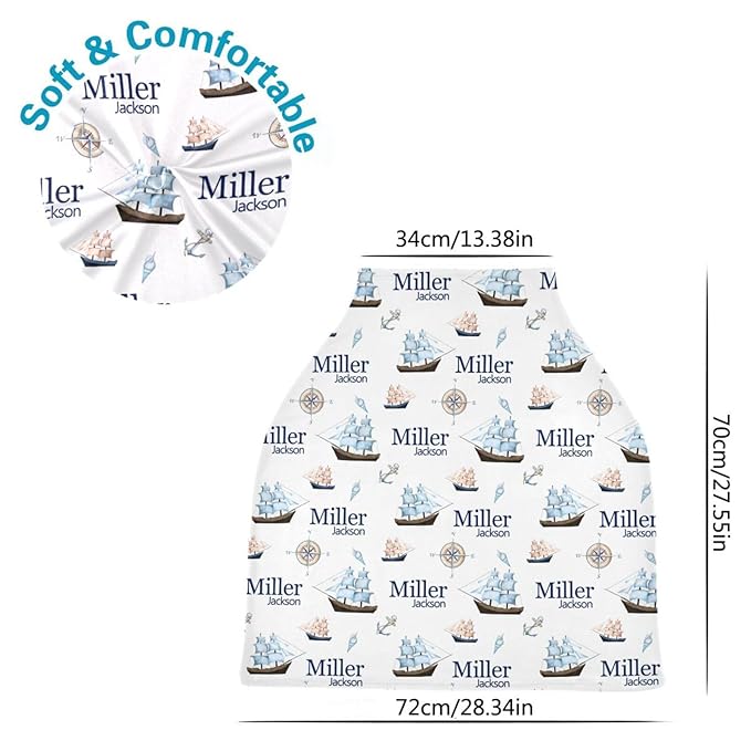 Personalized Baby Car Seat Cover for Boys Girls, Custom Nursing Covers for Breastfeeding with Name, Nautical Ship Infant Stroller Cover, Baby Carseat Canopy for Newborn, Multiuse Car Seat Canopies