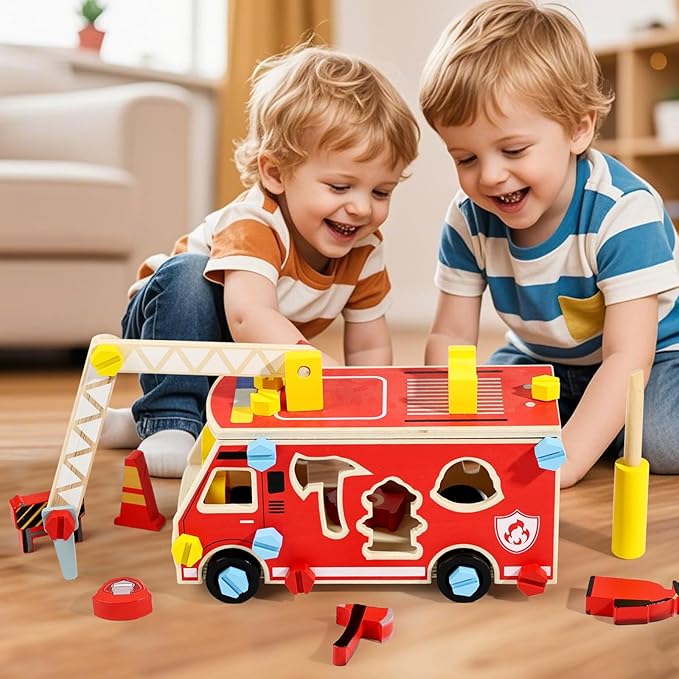 LOVELAND Wooden Fire Truck Toy – Take-Apart STEM Vehicle with Firefighter Tools & Shape Sorting, Montessori Educational Gift for Toddlers Boys Girls Ages 3+