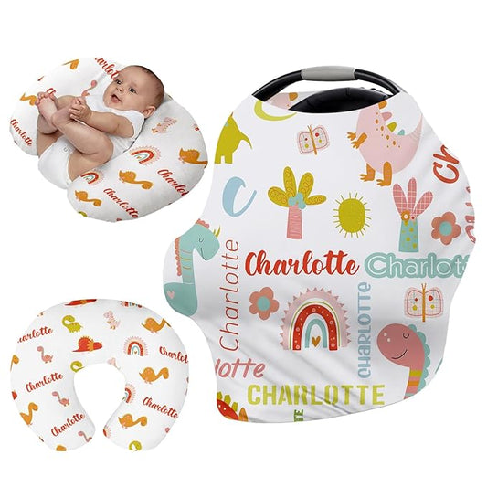 Personalised Car Seat Cover for Babies - Orange Dinosaur Print Multi-use Carseat Canopy Cover with Name, Car Seat Covers, Christmas Birthday Gifts for Infant Boys and Girls(27"x29")