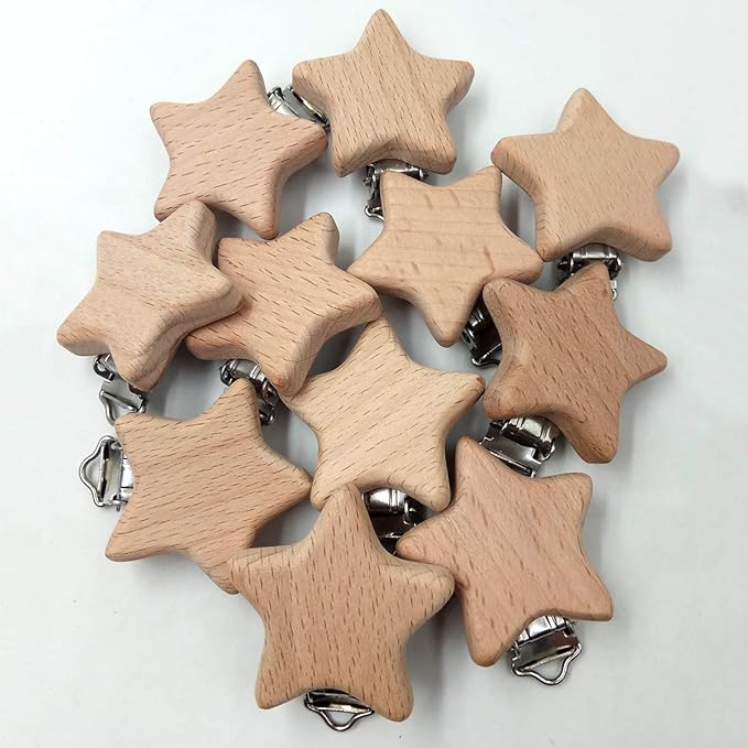 20pcs Natural Wood Suspender Pacifier Clips Cute Beech Wooden Animal Star Shape Clips Charm DIY Beading Pacifier Chain Accessory
