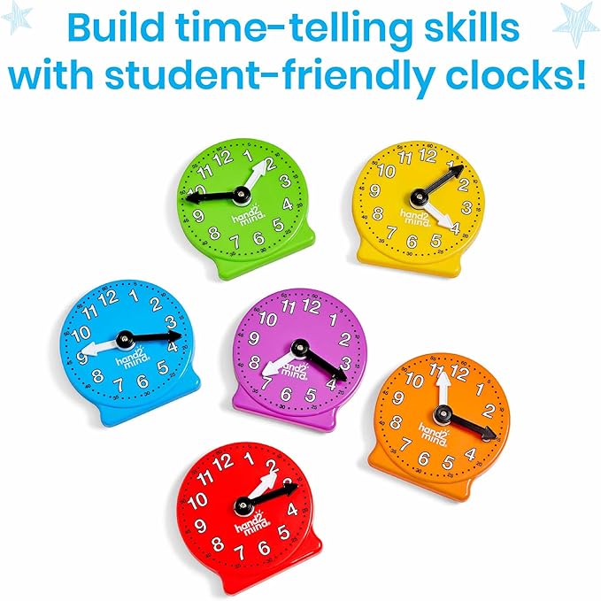 hand2mind Rainbow Geared Mini Learning Clock Set of 6, Analog Teaching Clocks for Kids, Movable Hands, Telling Time Math Manipulatives, Classroom School Homeschool Teaching Toy, Color Coded Gears