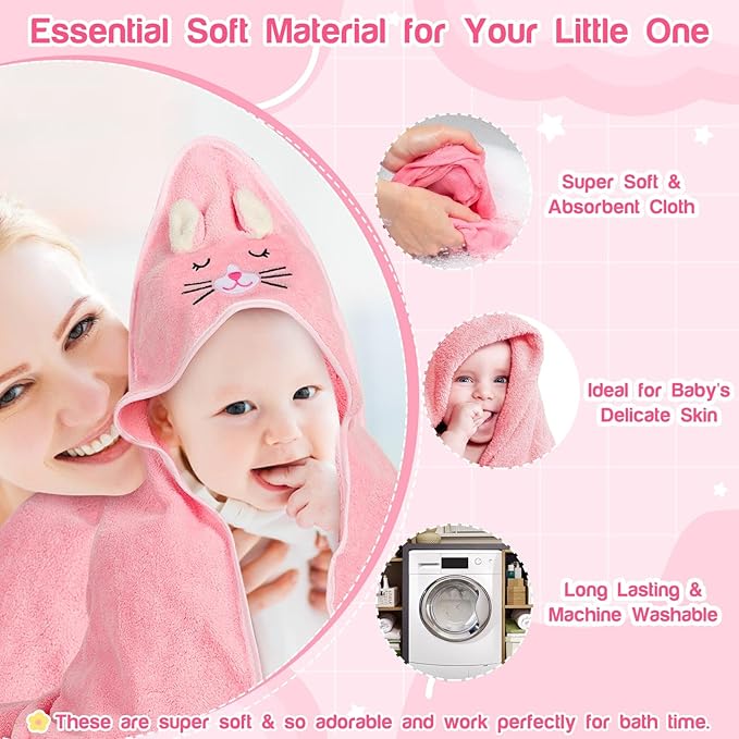Sublaga 4 PCS Hooded Baby Towels, Absorbent Baby Bath Towel, Soft Baby Towels and 3 PCS Baby Washcloths for Newborns, Toddlers, and Kids, 32x32 in Baby Towel with Hood for Boy and Girl (Pink Kittens)