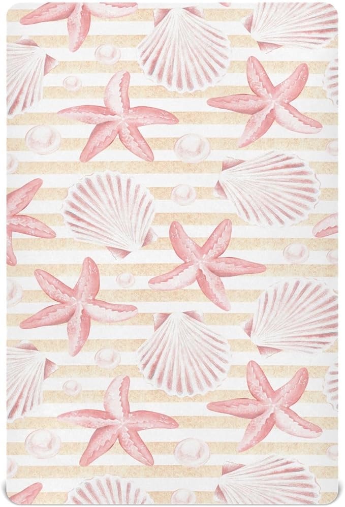Fitted Crib Sheets Vintage Seashells and Starfish Stretchy Portable Playard Sheets for Baby Toddler, Breathable Soft Mini Crib Mattress 52 x 28 in for Boys and Girls