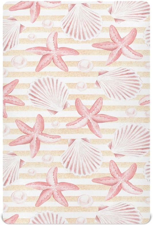 Fitted Crib Sheets Vintage Seashells and Starfish Stretchy Portable Playard Sheets for Baby Toddler, Breathable Soft Mini Crib Mattress 52 x 28 in for Boys and Girls