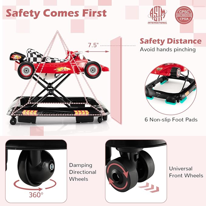 BABY JOY 4-in-1 Baby Walker, Foldable Activity Walker with Adjustable Height, Music & Lights, Anti-Rollover, Toddler Push Walker, Baby Walker with Wheels for Boys Girls 6-14 Months (Red)