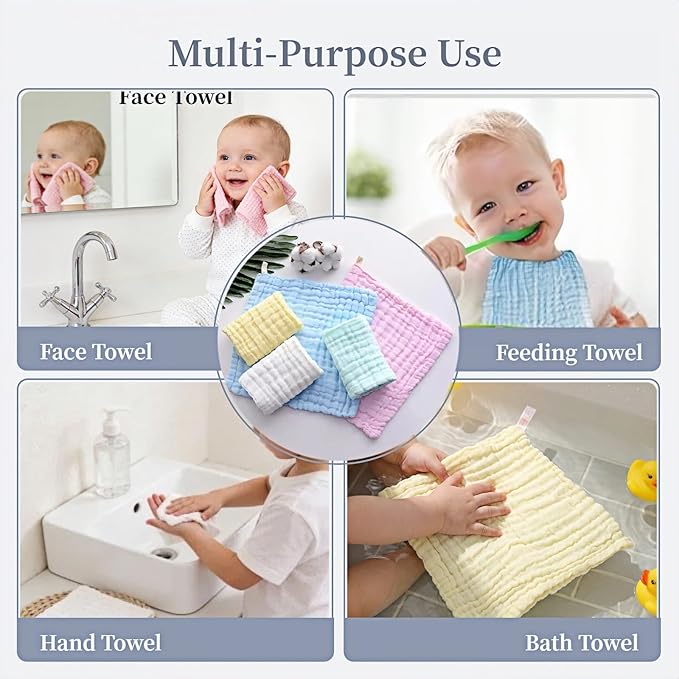 5 Pcs Baby Muslin Washcloth, Soft Newborn Face Towel, Cotton Extra Absorbent Burp Cloths for Baby,Breathable Wash Cloths for Newborn-Infants On Sensitive Skin
