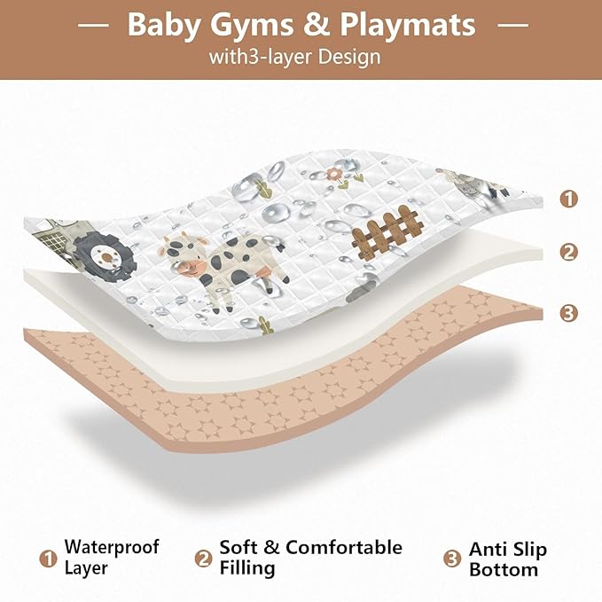 Baby Play Mat Farm Tractor House and Pets 50 x 50 Playpen Mat Baby Play Mats for Floor Play Gym Crawling Mat Non-Slip Cushioned Baby Playmat for Infants, Babies, Toddlers