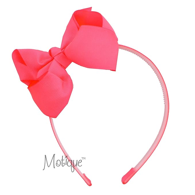 Motique Accessories Neon Headband With Side Grosgrain Bow- Neon Pink