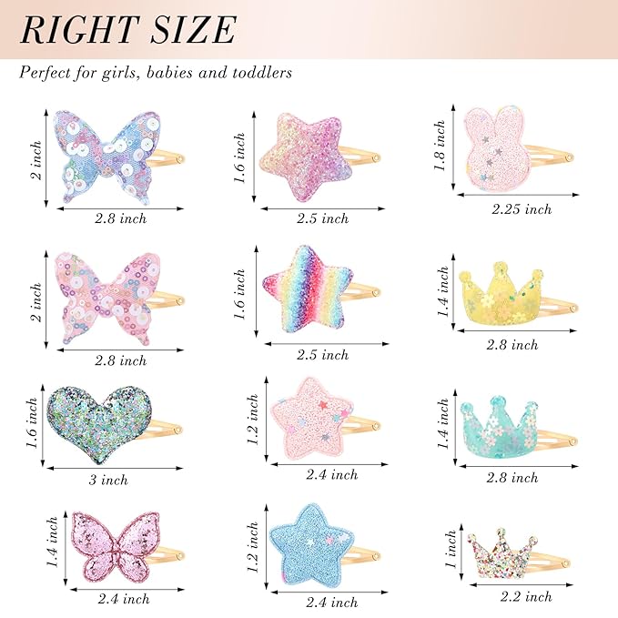 obeoby 24 Pack Toddler Hair Clips for Girls, Star Crown Butterfly Shaped Glitter Hair Barrettes Metal Snap Hair Clips Hair Accessories for Baby Girls Kids Holiday Birthday Gifts