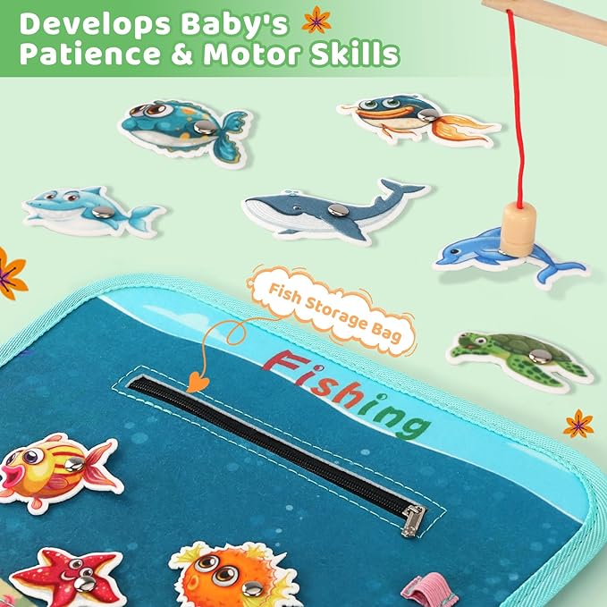 Toddler Busy Board for 1 Year Old, Montessori Toy Sensory Busy Book for Toddler 1-3 Fishing Game Life Skill, Learning Toy Car Ride Airplane Activities Travel Essential 2-4 Birthday Gift for Boy Girl