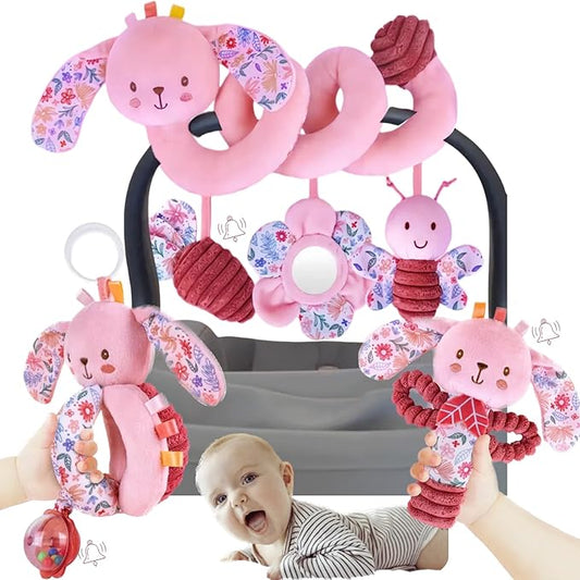 Baby Spiral Car Seat Toys for Babies 0-6 Months Girl, Stroller Hanging Stuffed Animal Carseat Crinkle Rabbit Toy 0-3-4-5-7-8-9-12 Month, Newborn Infant Gifts Easter Basket Stuffers Bunny 3PCS