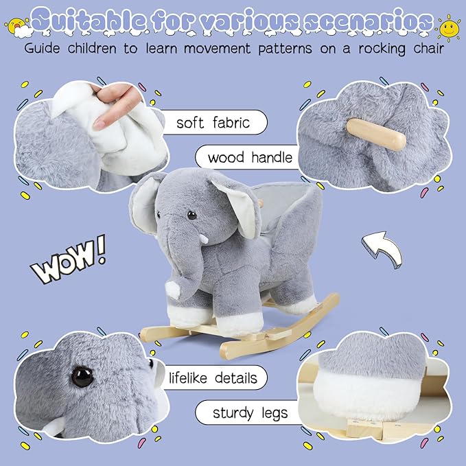 Baby Rocking Horse for Toddlers 1-3, with Music Sound, Elephant Shape, Stuffed Plush Ride-on Baby Rocker Chair with Wooden Base, Ergonomic Handle (Grey)