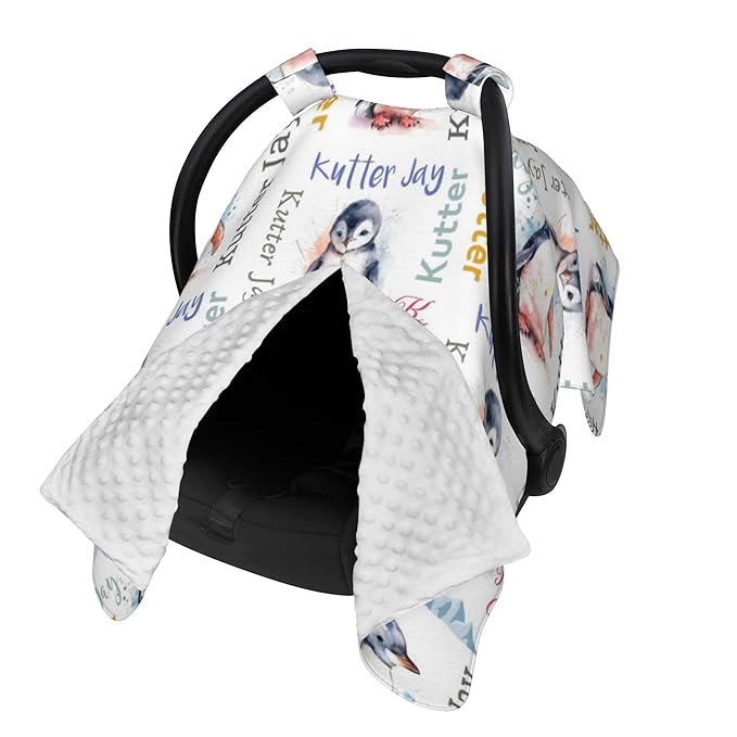 Personalized Winter Carseat Cover for Baby Custom Name Car Seat Canopy for Newborn Baby Boys Girls 2 in 1 Mom Nursing Breastfeeding Covers Penguin Minky Baby Carrier Stroller Covers