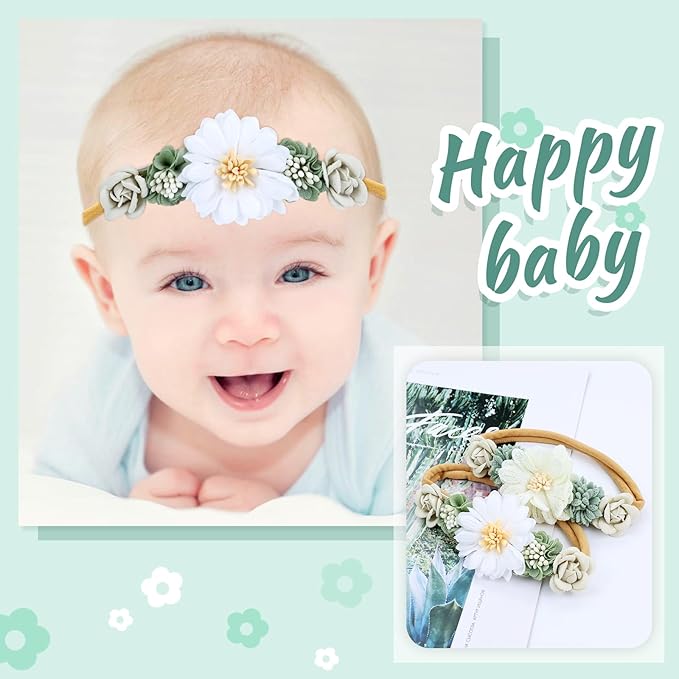 Dizila 6 Pieces Super Soft Stretchy Green Khaki White Baby Girl Nylon Bow Flower Headbands Floral Lace Headbands Hair Accessories for Newborns Infants Toddlers Girls Kids