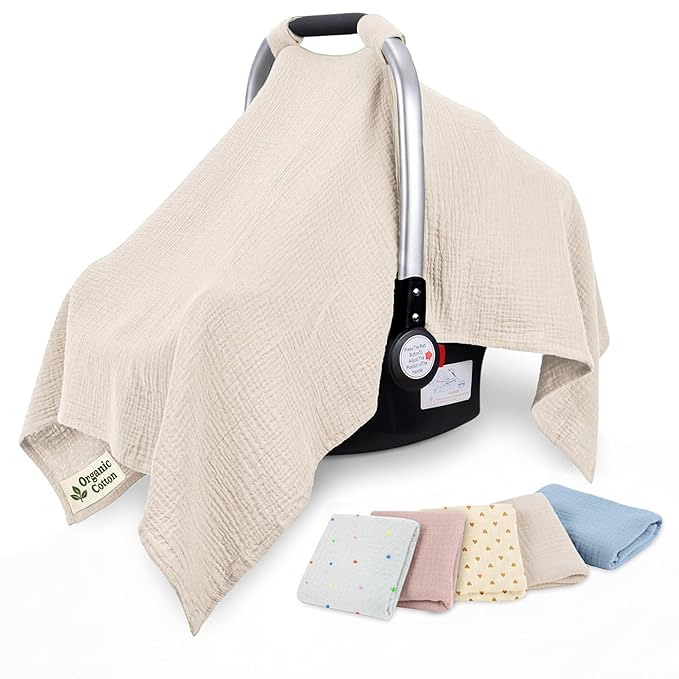 100% Organic Muslin Cotton Car Seat Cover 35 x 50 Inches Soft Touch Breathable Canopy, Protective Car Seat Cover Baby All Seasons Lightweight Car Seat Cover Travel Comfort (Ivory)