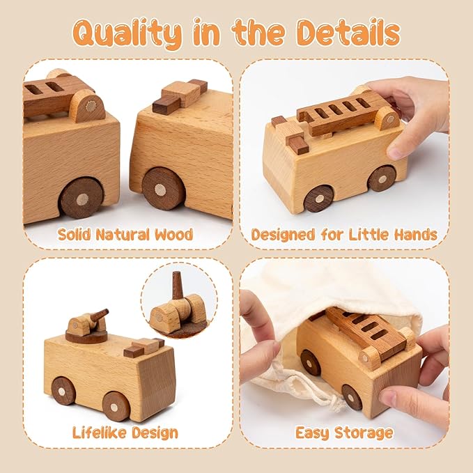 Wooden Toy Cars for 3 Year Old Boys & Girls - Construction Vehicles Set Push Toys for Toddlers, Wood Montessori Car with Rolling Wheels, Natural Wood Toys (Ladder Truck & Fire Truck)