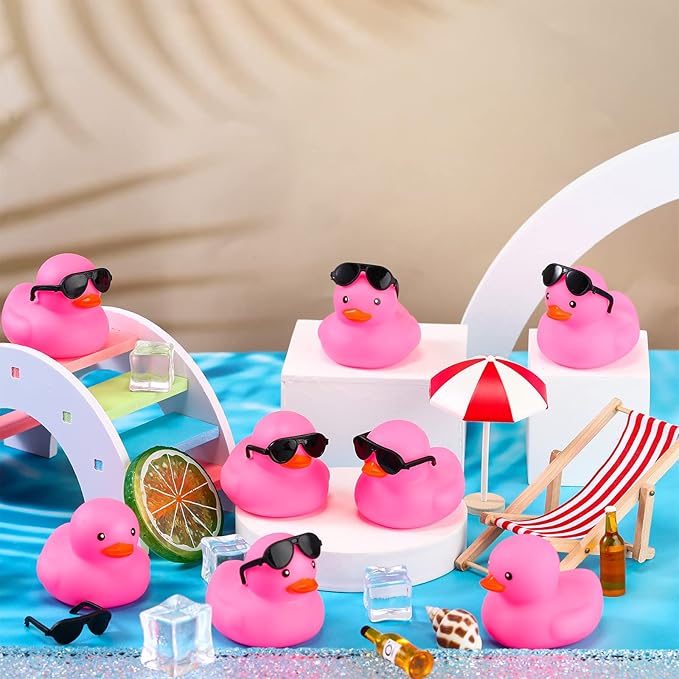 Chivao 12 Pcs Rubber Ducks with 12 Sunglasses/ Hats/ Headwear Small Mini Carnival Cruise Birthday Rubber Duckies Bathtub Toys in Bulk(Fresh Style,Black, Pink)