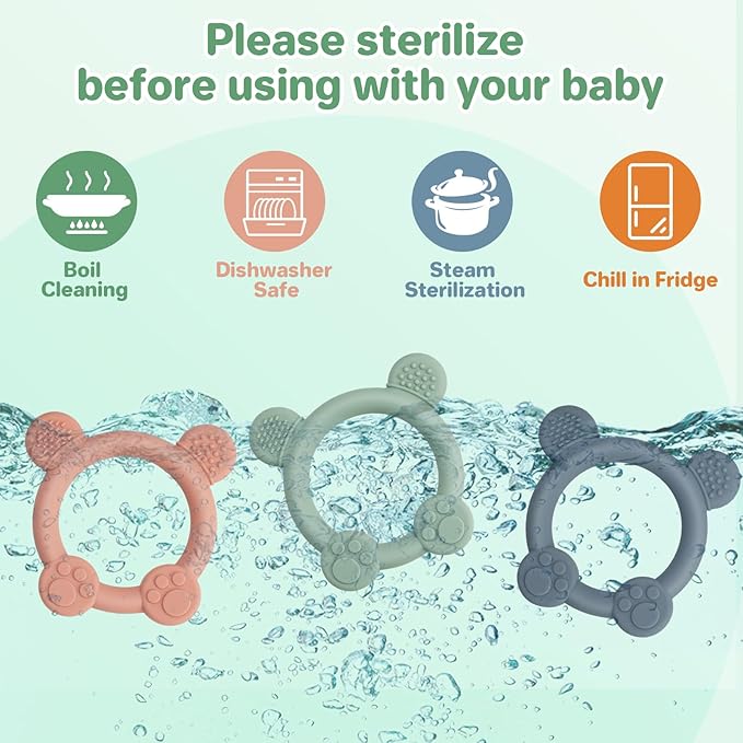 Meartchy 3 Pack Baby Teether, Bear-Shaped Silicone Teething Toys for Infants 0-24 Months, BPA-Free Chew Toys to Soothe Sore Gums (Pale Pink & Green & Blue)