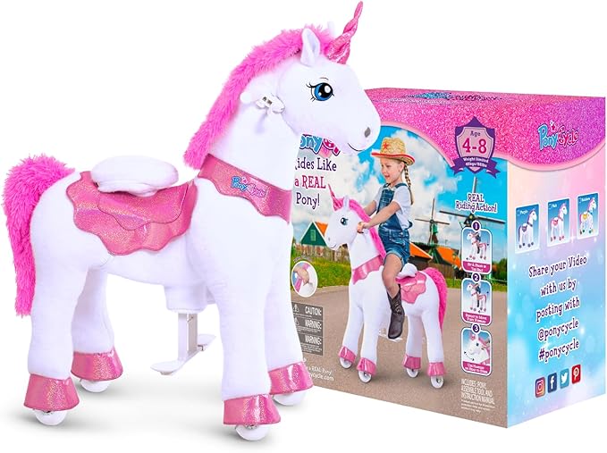 PonyCycle Ride on Unicorn Toys for Girls Pony Riding Pink Unicorn Rocking Horse (with Brake/ 35.4" Height/Size 4 for Age 4-7) Ride-on Animals Plush Pony Toys Birthday Gifts E412