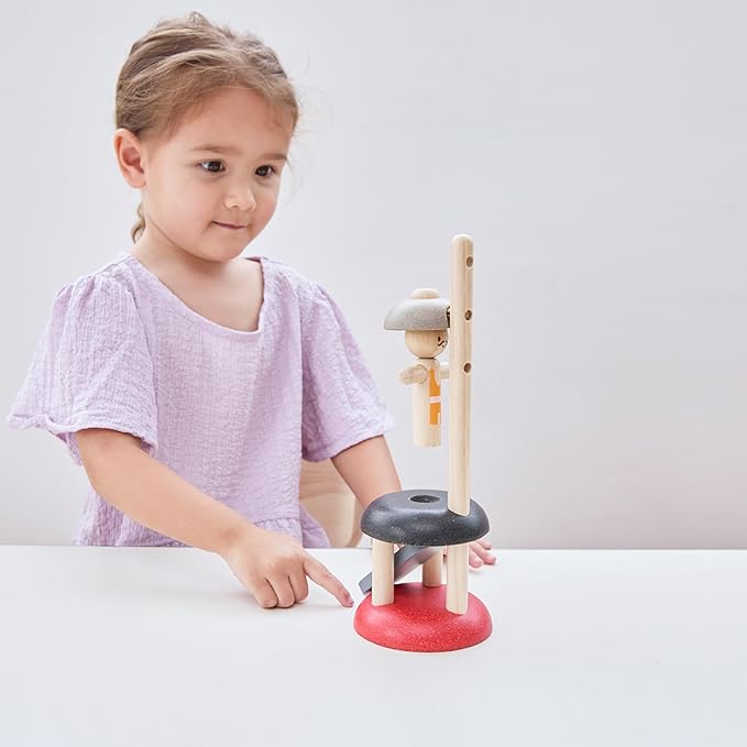 PlanToys® Wooden Jumping Acrobat Toy | Montessori Inspired Cause & Effect Toy for Force Control, Coordination & Reaction Play | Eco Friendly Push & Jump Learning Activity
