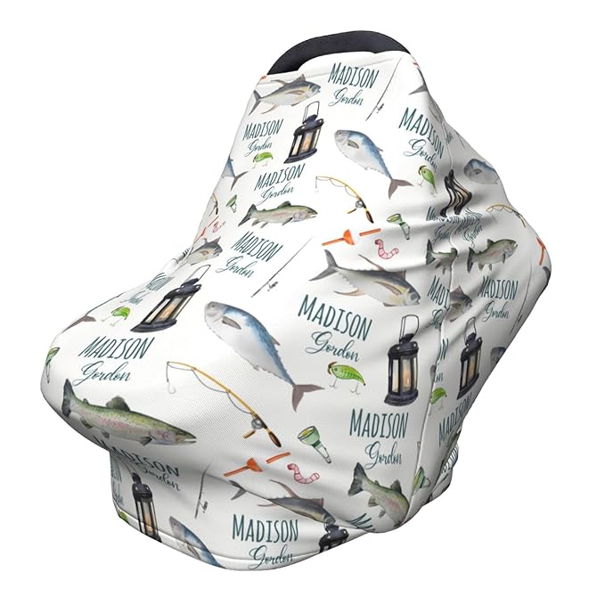 Personalized Baby Car Seat Cover for Boys Girls, Custom Nursing Covers for Breastfeeding with Name, Fishing Infant Stroller Cover, Baby Carseat Canopy for Newborn, Multiuse Car Seat Canopies