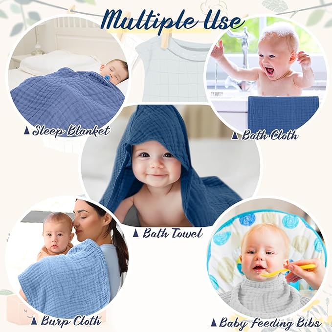VitalCozy 12 Pcs Baby Muslin Hooded Bath Towels and Washcloths, Muslin Hooded Baby Towels Absorbent Blankets for Gift Newborn Infant Shower (Blue Style)